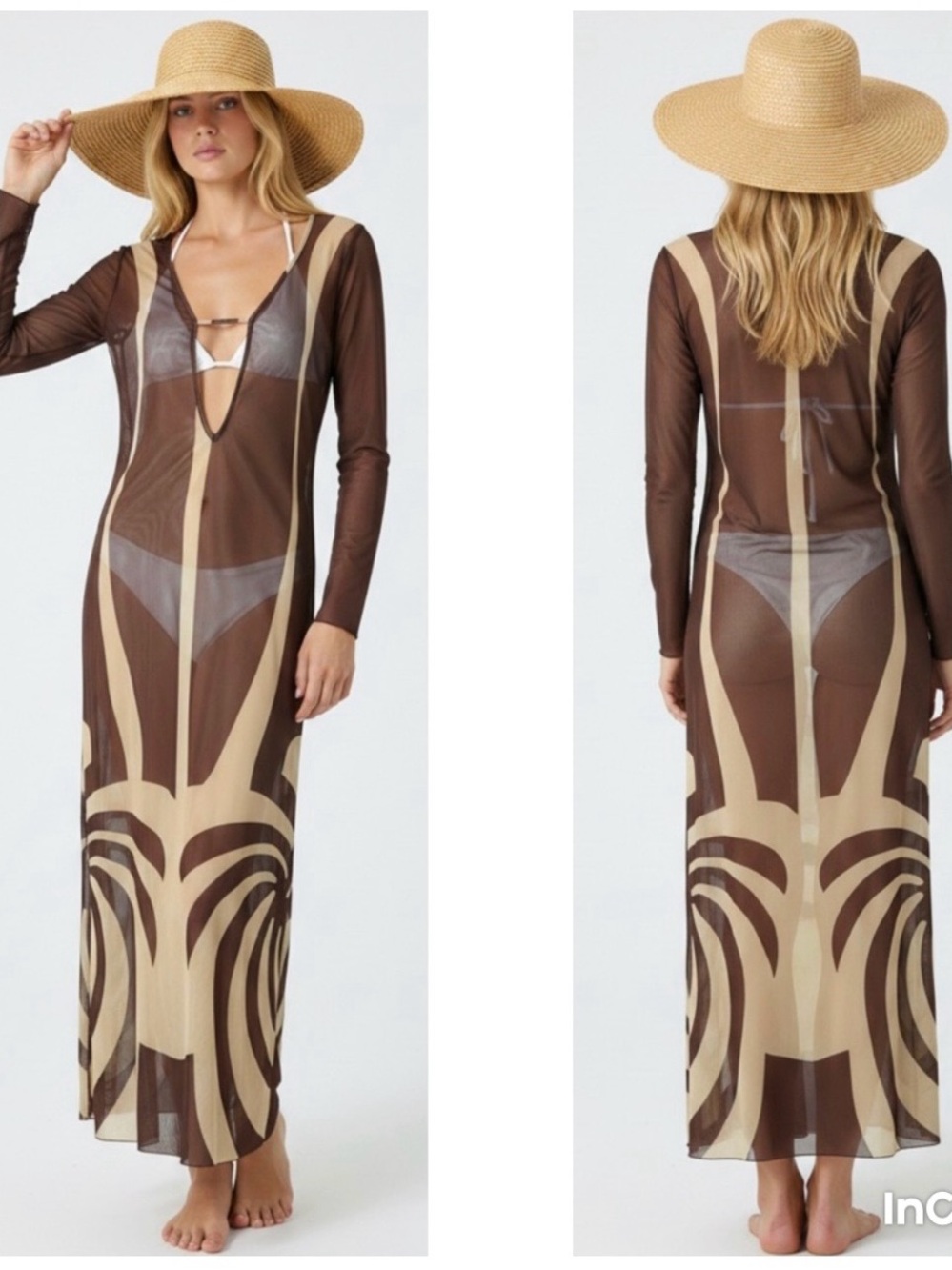 Caroline Constas Brown & Tan Graphic Sheer Maxi Swim Cover-Up